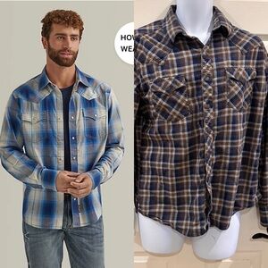Wrangler Retro Plaid Snap Shirt Blue Brown Olive Large